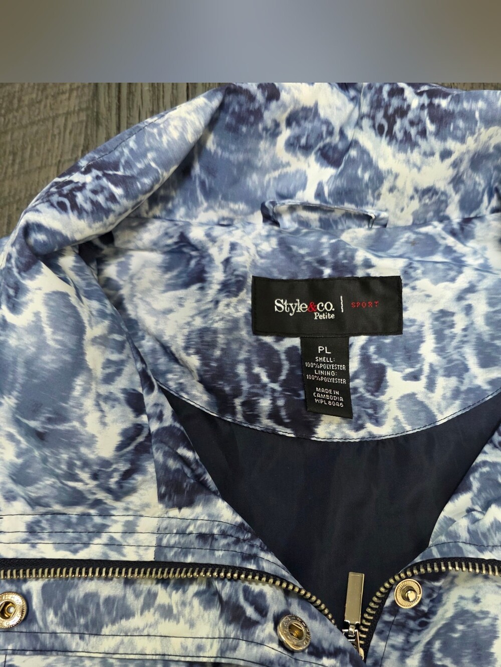 Style & Co. Blue Marble-Print Zip Petite Jacket W Hooded Collar (Size:PLarge) - Picture 4 of 8
